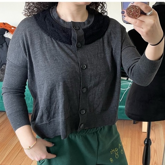 Piazza Sempione Gray Wool Button Front Wool Black Knit Neck Detail Cardigan 42 - Picture 10 of 11